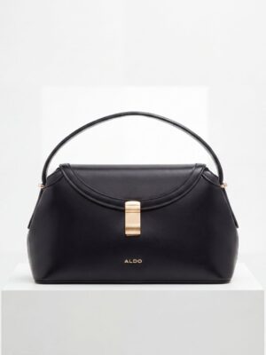 ALDO BLACK SMOOTH LEATHER GOLD CLIP DETAIL TOP HANDLE BAG