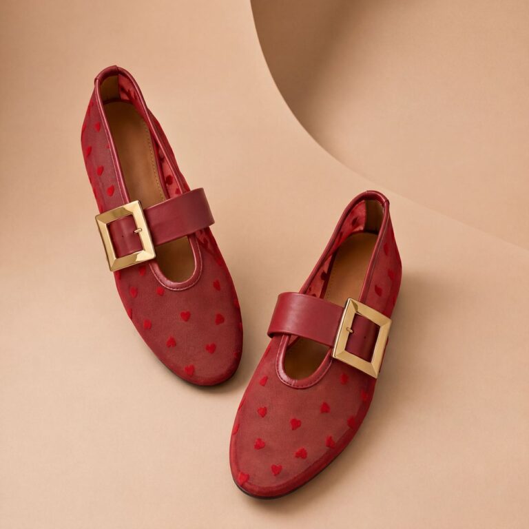 BURGUNDY HEART MESH GOLD SQUARE BUCKLE BALLET FLAT SHOES