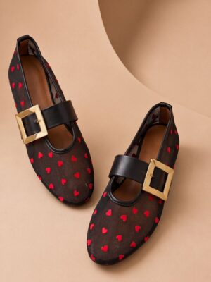 BLACK HEART MESH GOLD SQUARE BUCKLE BALLET FLAT SHOES