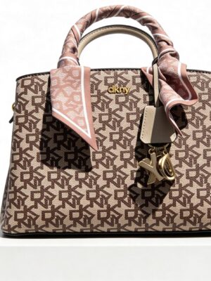 DKNY PAIGE TAUPE MONOGRAM SCARF DETAIL BAG