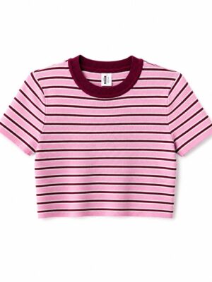 BURGUNDY X PINK STRIPE CREW NECK TEE
