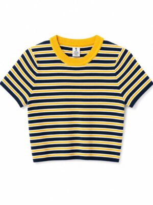 NAVY X MUSTARD STRIPE CREW NECK TEE