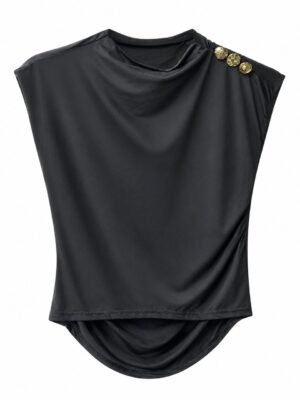 ZR 5729 BLACK DRAPED JERSEY BUTTON DETAIL TOP
