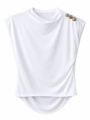 ZR 5729 WHITE DRAPED JERSEY BUTTON DETAIL TOP