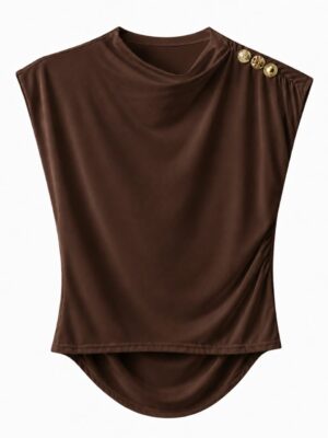 ZR 5729 COFFEE DRAPED JERSEY BUTTON DETAIL TOP