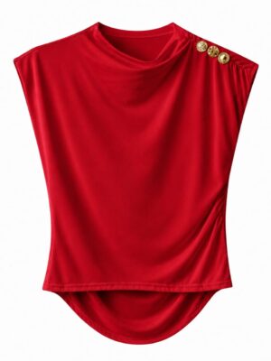 ZR 5729 RED DRAPED JERSEY BUTTON DETAIL TOP