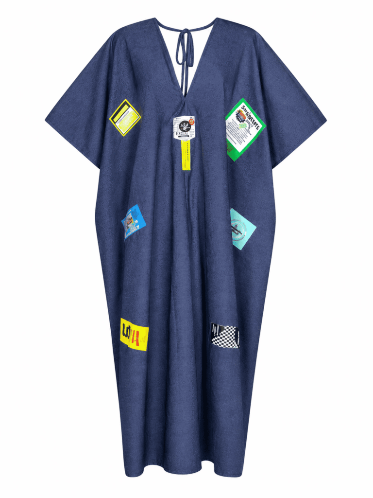 (2FOR75K)NAVY DENIM BADGEWORK DETAIL CAFTAN