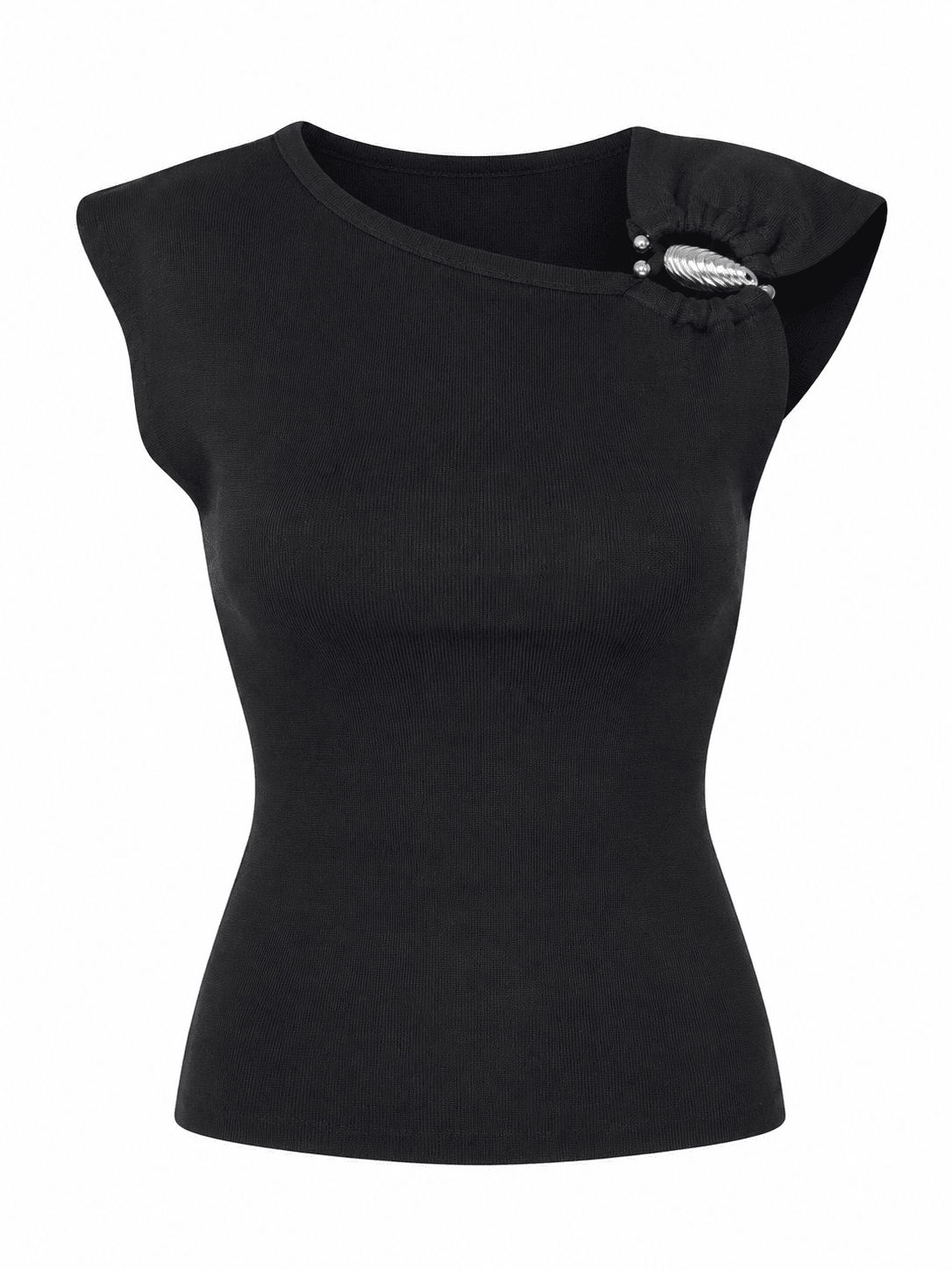 BLACK BROOCH INSERT CAPSLLEEVE KNIT TOP