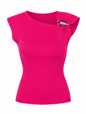 MAGENTA BROOCH INSERT CAPSLLEEVE KNIT TOP