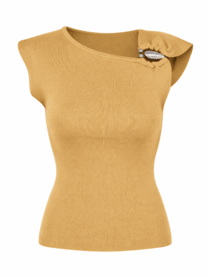 OLIVE BROOCH INSERT CAPSLLEEVE KNIT TOP