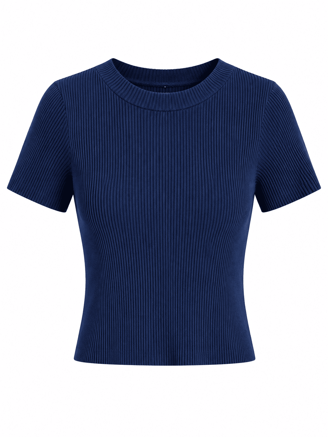 NAVY RIB BONE ROUND NECK TOP