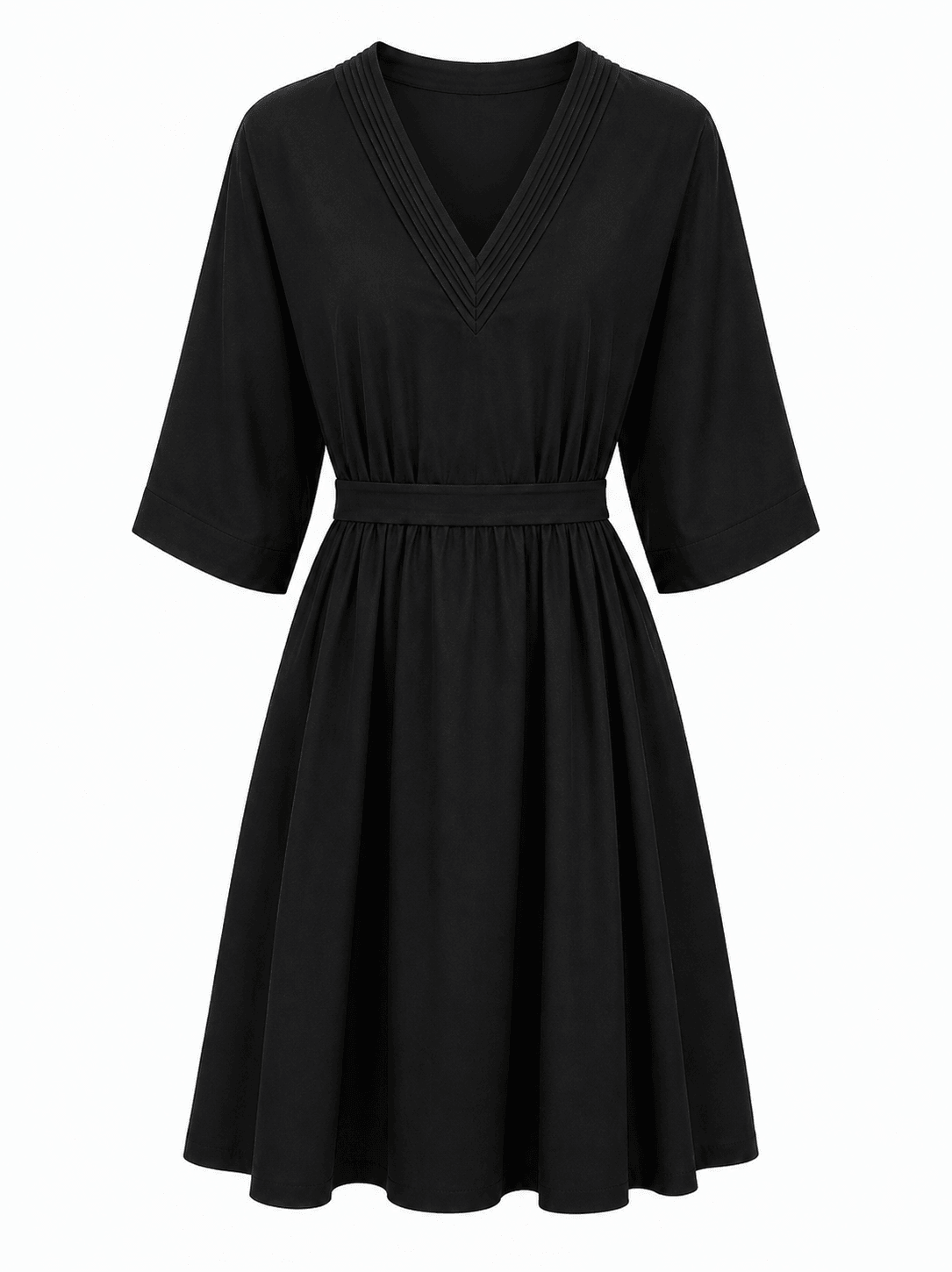 (2FOR75K)YINA BLACK LINEN PLEATED VNECK SWING TUNIC
