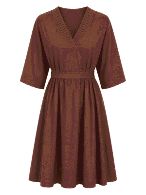 (2FOR75K)YINA COFFEE LINEN PLEATED VNECK SWING TUNIC