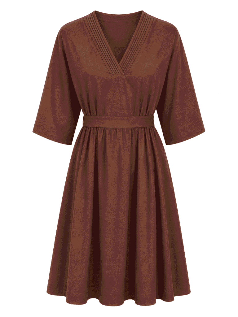 (2FOR75K)YINA COFFEE LINEN PLEATED VNECK SWING TUNIC