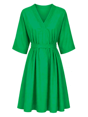 (2FOR75K)YINA GREEN LINEN PLEATED VNECK SWING TUNIC