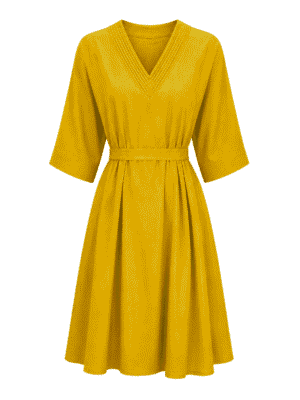 (2FOR75K)YINA OLIVE LINEN PLEATED VNECK SWING TUNIC