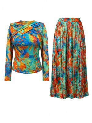 (2FOR50K)ZR ORANGE COLOR SPLASH PLEATED SKIRT X CROSS MESH TOP SUIT SET
