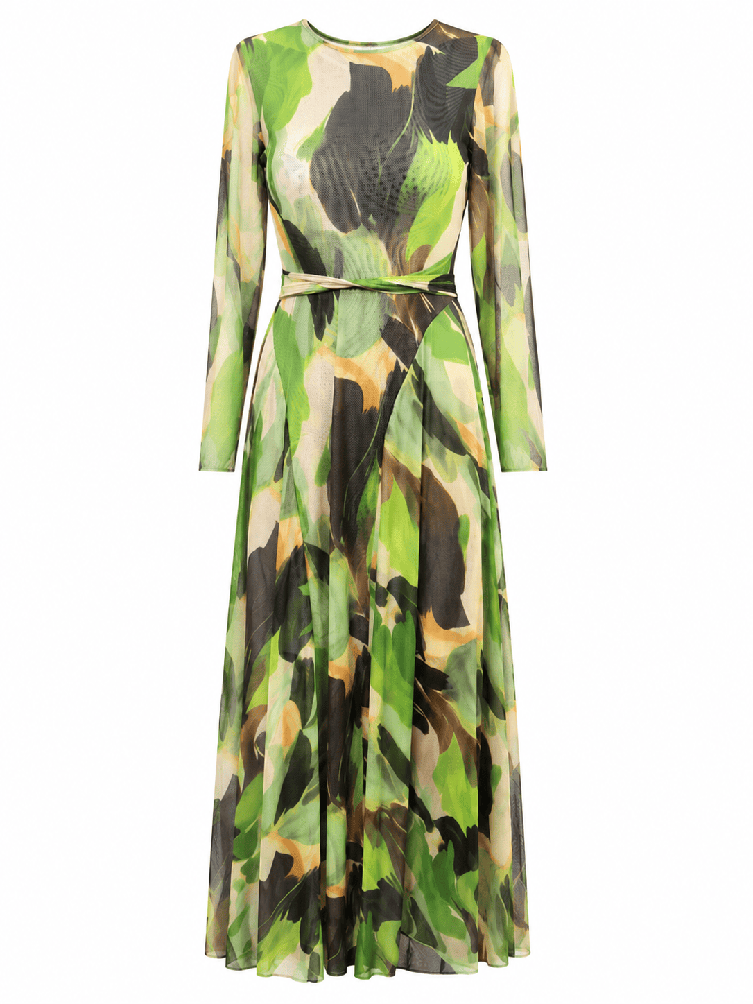 (2FOR45K)GREEN FLORAL DOLL BELTED MESH MAXI