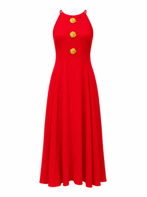 ZR RED OVERSIZED GOLD BUTTON HALTER NECK SKATER DRESS