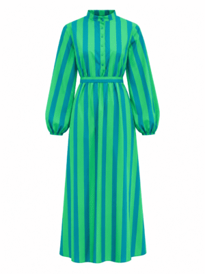 (2FOR55K)ZR GREEN BOLD STRIPE BISHOP NECK SHIRT DRESS