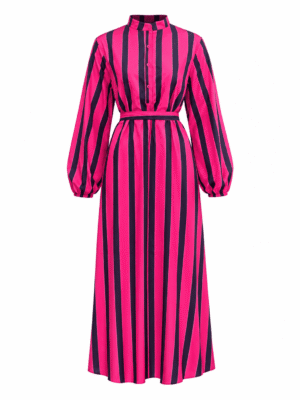 (2FOR55K)ZR PINK BOLD STRIPE BISHOP NECK SHIRT DRESS