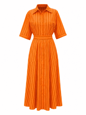 (2FOR80K)MAT 3173 ORANGE STRIPE DOUBLE POCKET MAXI SHIRT DRESS