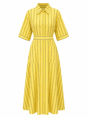 (2FOR80K)MAT 3173 YELLOW STRIPE DOUBLE POCKET MAXI SHIRT DRESS