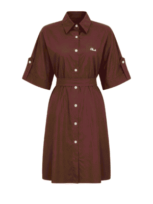 (2FOR75K)YINA COFFEE LINEN ONE POCKET GOLD BUTTON BOX SHIRT DRESS