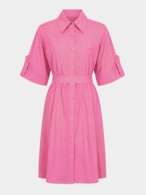 (2FOR75K)YINA PINK LINEN ONE POCKET GOLD BUTTON BOX SHIRT DRESS