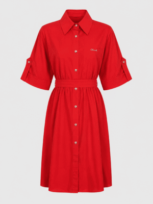 (2FOR75K)YINA RED LINEN ONE POCKET GOLD BUTTON BOX SHIRT DRESS