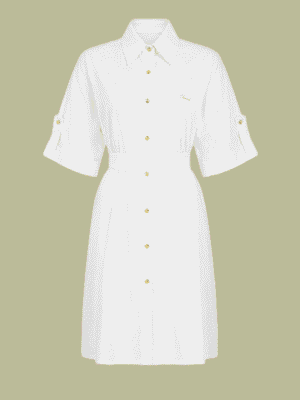(2FOR75K)YINA IVORY LINEN ONE POCKET GOLD BUTTON BOX SHIRT DRESS