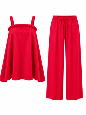 SASHES X HIDES RED WOVEN STRAP SWING TOP X PANT SUIT SET