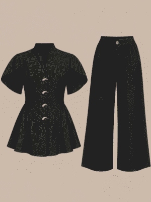 ZR BLACK PEPLUM BEAN GOLD BUTTON PANT SUIT SET
