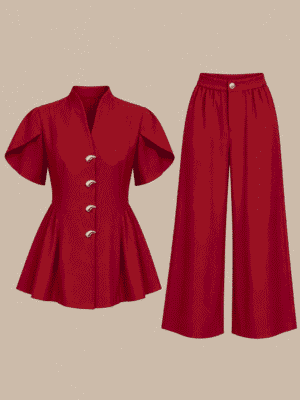ZR PLUM PEPLUM BEAN GOLD BUTTON PANT SUIT SET
