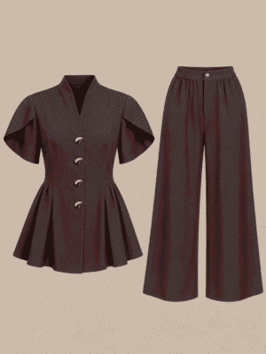 ZR COFFEE PEPLUM BEAN GOLD BUTTON PANT SUIT SET