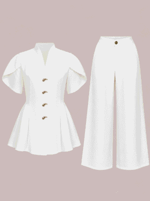 ZR IVORY PEPLUM BEAN GOLD BUTTON PANT SUIT SET