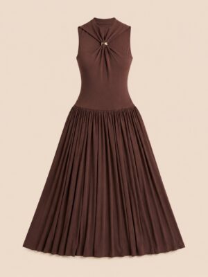 COFFEE CROSS NECK RING INSERT DOLL SPLIT DETAIL DRESS