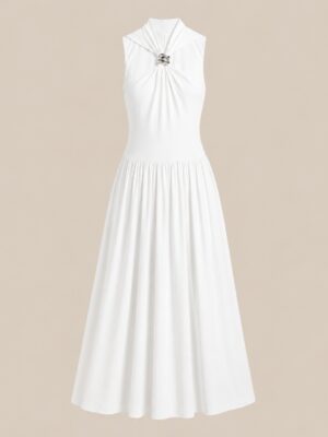 IVORY CROSS NECK RING INSERT DOLL SPLIT DETAIL DRESS