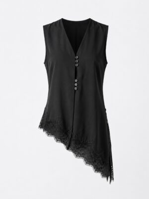 KIV BLACK MULTI BUTTON ASSYMETRIC CHANTILLY DETAIL TOP