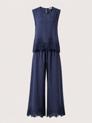 ROW NAVY LINEN LACE INSERT PANT SUIT SET