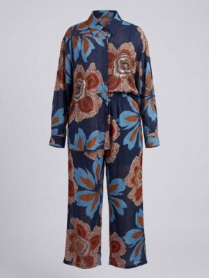 HAO NAVY X ORANGE EMBELLISHED DETAIL TRIBAL PRINT PANT SUIT SET