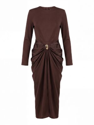 SIJI COFFEE SCARF KNOT DETAIL MIDI DRESS