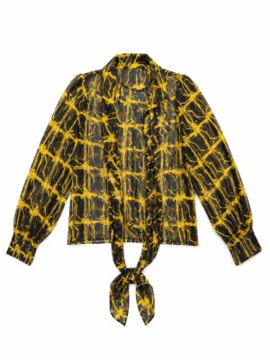 OMN YELLOW CLAY PRINT CHIFFON FRILLY PUSSYBOW SHIRT