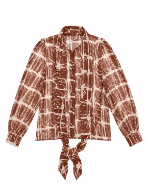 OMN BROWN CLAY PRINT CHIFFON FRILLY PUSSYBOW SHIRT