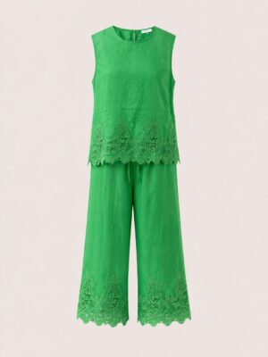 ROW GREEN LINEN LACE INSERT PANT SUIT SET