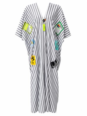 (2FOR75K)BLACK LINEN STRIPE BADGE PATCH CITY CAFTAN