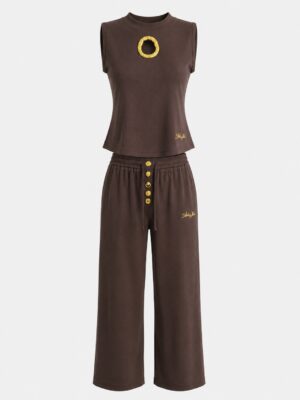 COFFEE RIB BONE GOLD CUT OUT BUCKLE KEYHOLE BUTTONS PANT SUIT SET