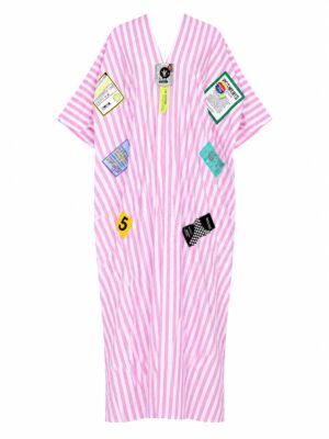 (2FOR75K)PINK LINEN STRIPE BADGE PATCH CITY CAFTAN
