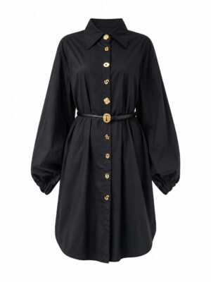 BLACK MIXED GOLD KEYHOLE BUTTONS PUFF SLEEVE SHIRT DRESS