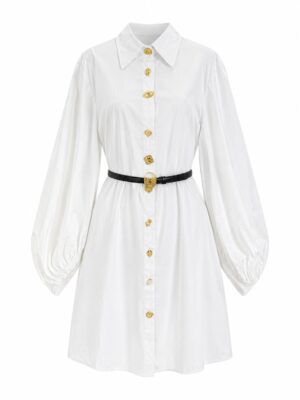 IVORY MIXED GOLD KEYHOLE BUTTONS PUFF SLEEVE SHIRT DRESS